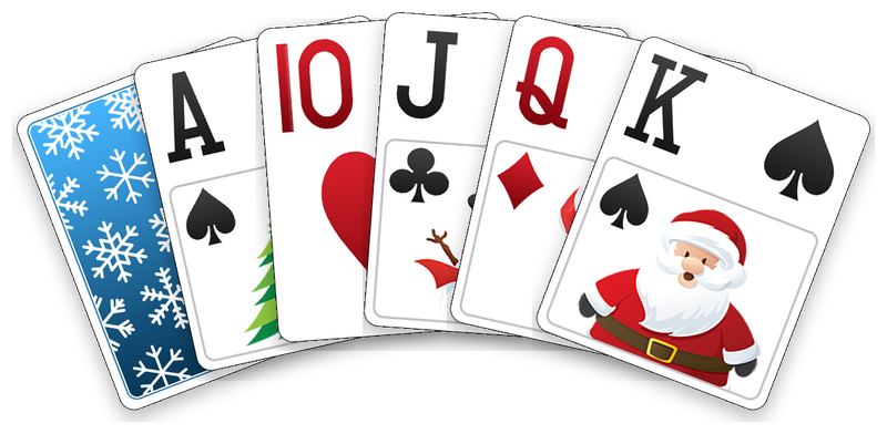 The Christmas deck: its card back, then the ace, ten, jack, queen and king.