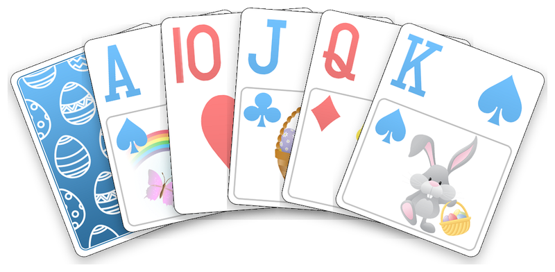 The Easter deck: its card back, then the ace, ten, jack, queen and king.