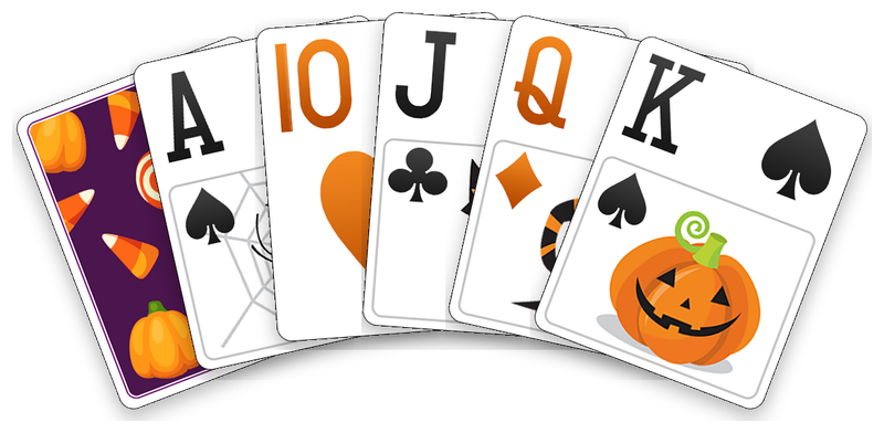 The Halloween deck: its card back, then the ace, ten, jack, queen and king.