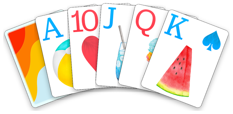 The Pool Party deck: its card back, then the ace, ten, jack, queen and king.