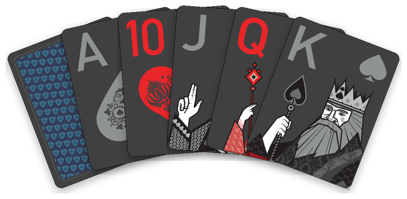 The Royal Night deck: its card back, then the ace, ten, jack, queen and king.