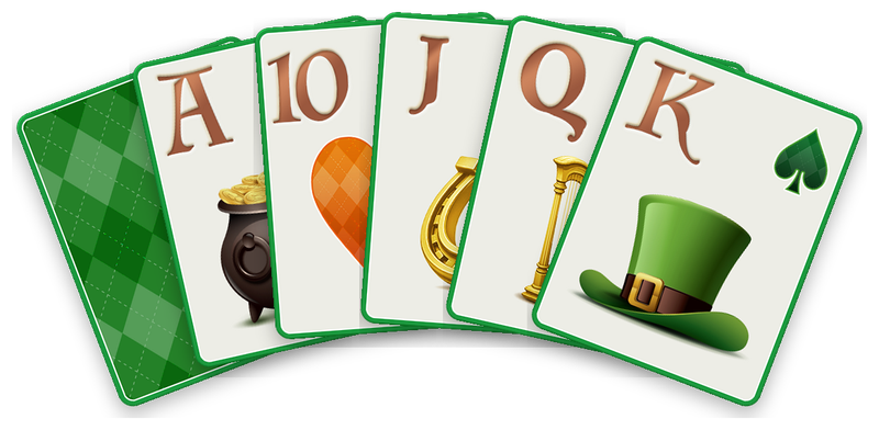 The St. Patrick’s Day deck: its card back, then the ace, ten, jack, queen and king.