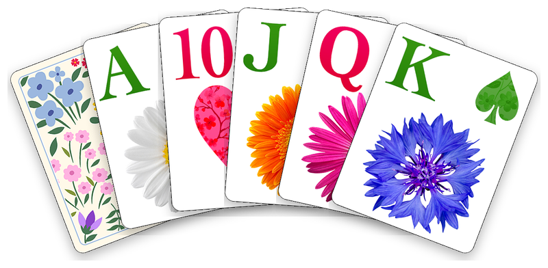 The Summer Flowers deck: its card back, then the ace, ten, jack, queen and king.