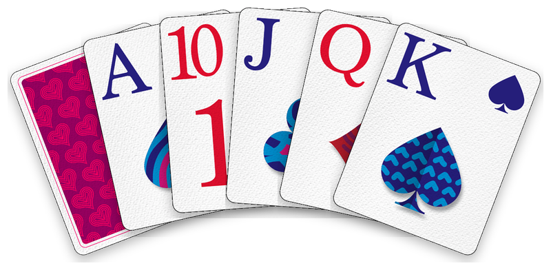 The Valentine’s Day deck: its card back, then the ace, ten, jack, queen and king.