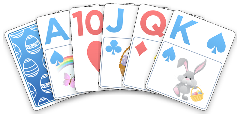 The Easter deck: its card back, then the ace, ten, jack, queen and king.