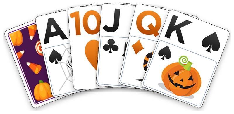 The Halloween deck: its card back, then the ace, ten, jack, queen and king.