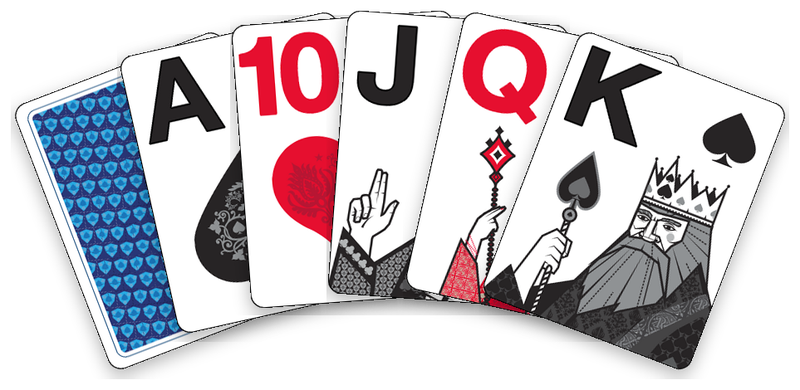 The Royal deck: its card back, then the ace, ten, jack, queen and king.