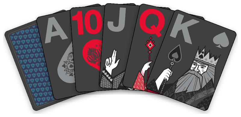 The Royal Night deck: its card back, then the ace, ten, jack, queen and king.