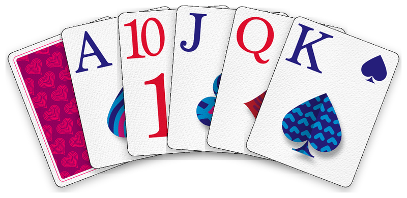 The Valentine’s Day deck: its card back, then the ace, ten, jack, queen and king.