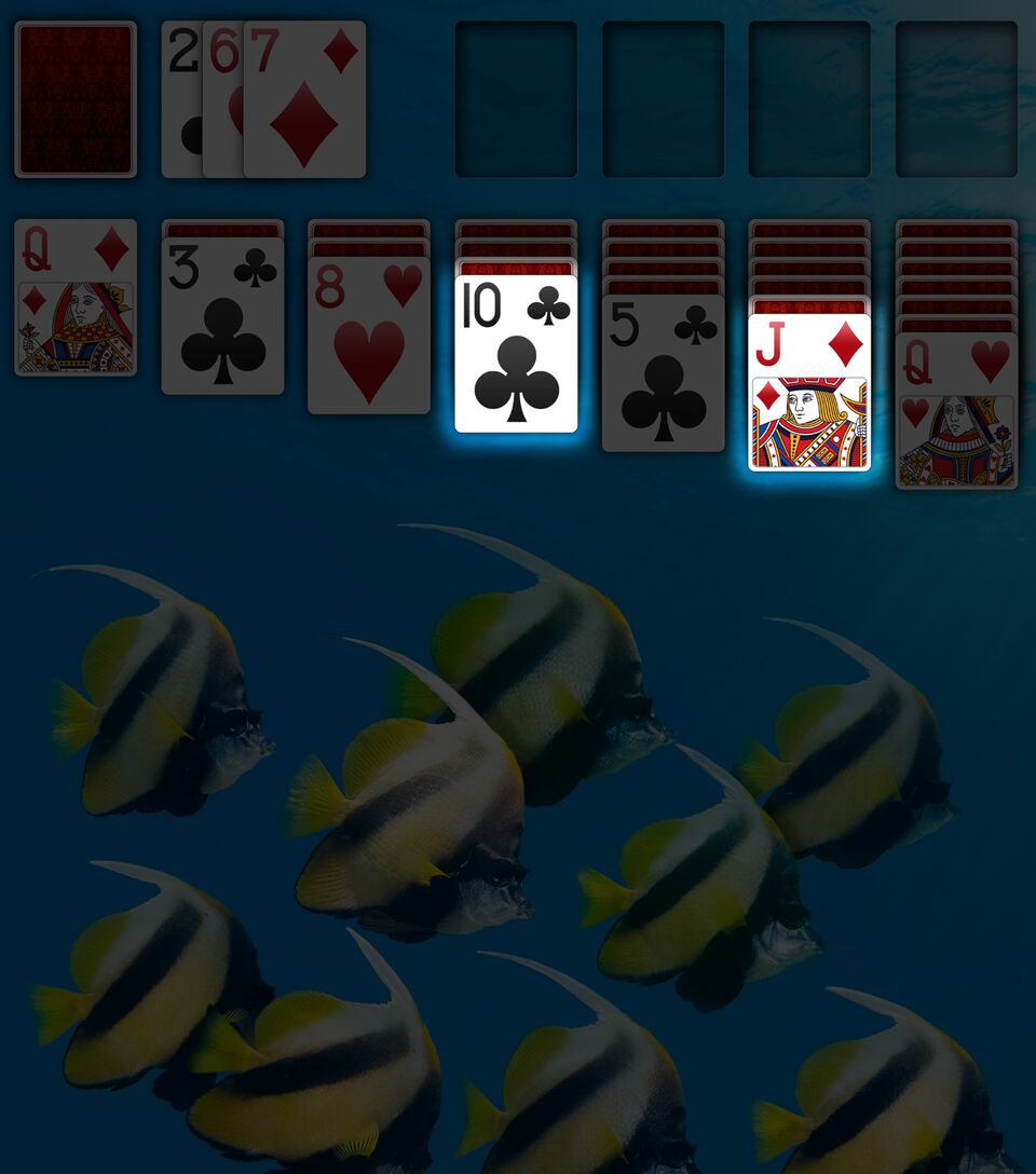 Real Solitaire on iPad with a hint showing: the ten of clubs and the jack of diamonds glow as the suggested move.