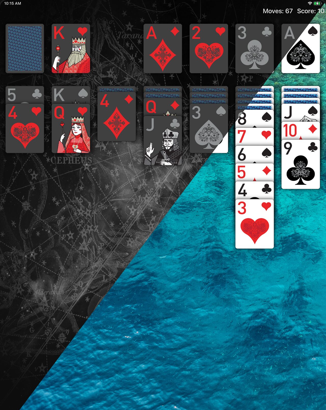 Real Solitaire on iPad, split diagonally between dark cards on a star chart and light cards over ocean water.